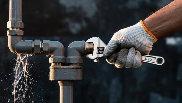 A person wearing gloves tightening a valve on a pipe with a wrench.