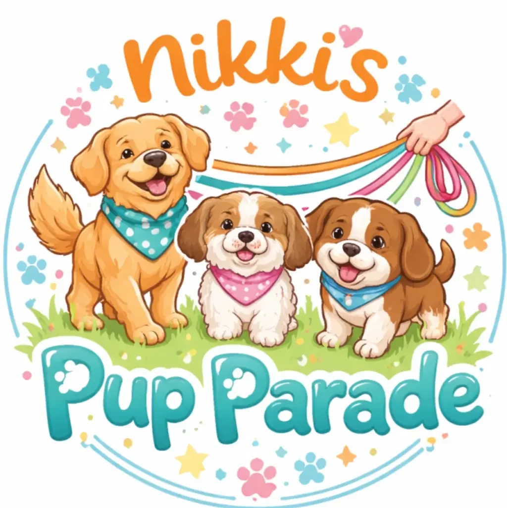 Colorful illustration of three adorable puppies with bandanas, surrounded by playful decorations, with the text 'Nikki's Pup Parade'.