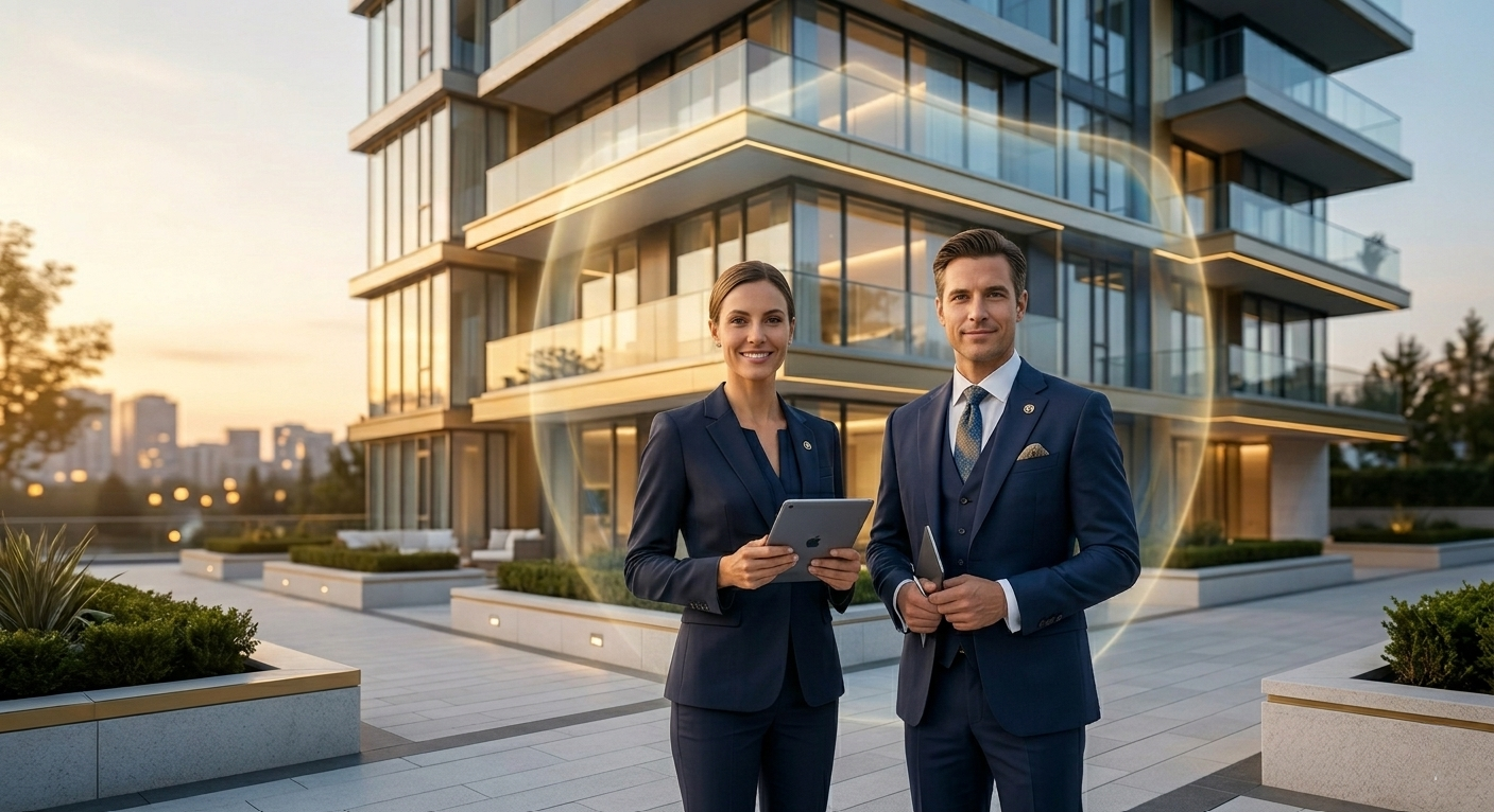 Two professionals in formal suits stand outside a modern residential building holding tablets, with a glowing aura encircling them at sunset.