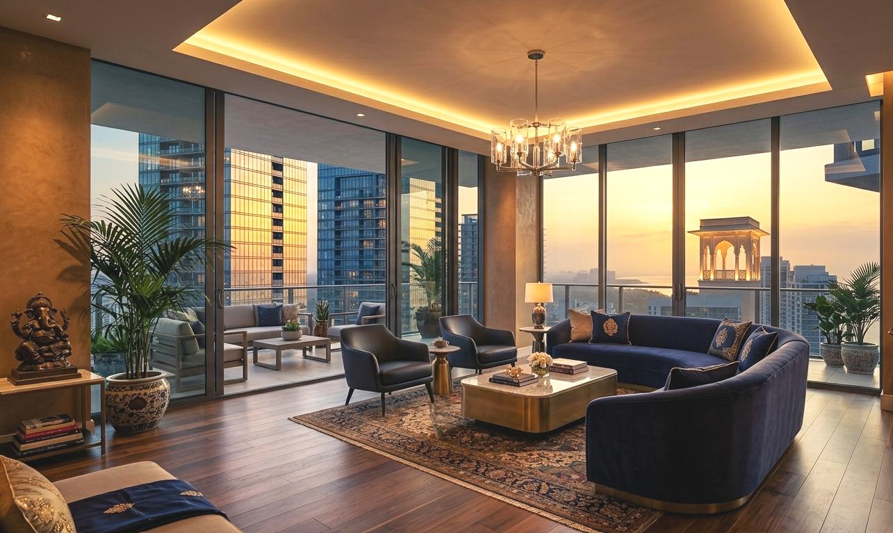 Living room with large windows showing cityscape at sunset, furnished with a navy velvet sectional sofa, black armchairs, a marble coffee table, decorative pillows, and potted plants.