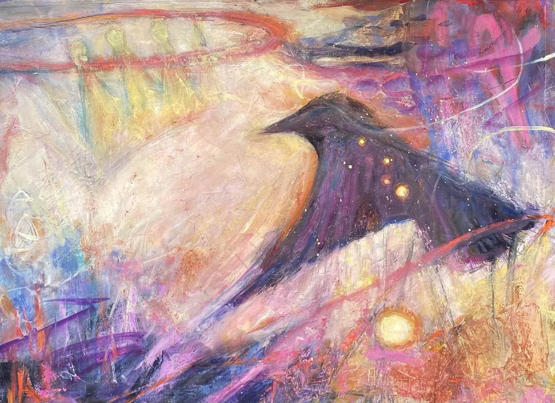 Raven Blackbird Artwork  mixed media and oil painting skeleton key artwork product commissions