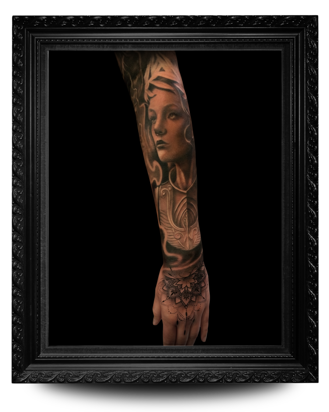 Black and grey realism tattoo — female portrait with botanical elements, executed in chiaroscuro light. Custom commission by Richard De La Cruz, Houston TX.