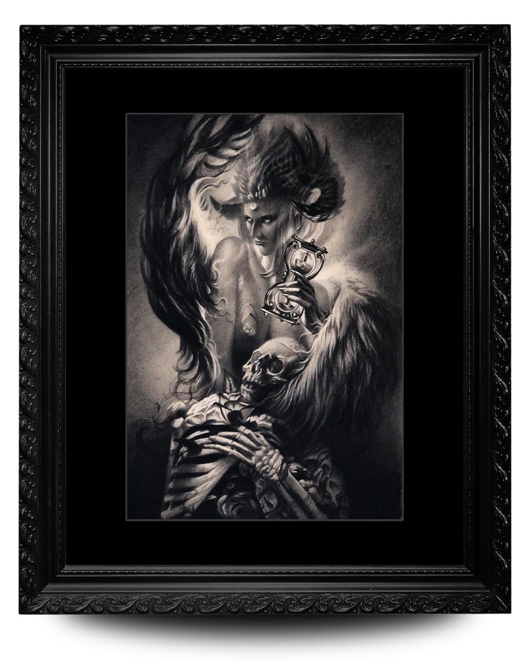 Black and white artwork of a woman with long hair, holding an hourglass, with skeleton and lion features, surrounded by skulls and flames, in an ornate black frame.