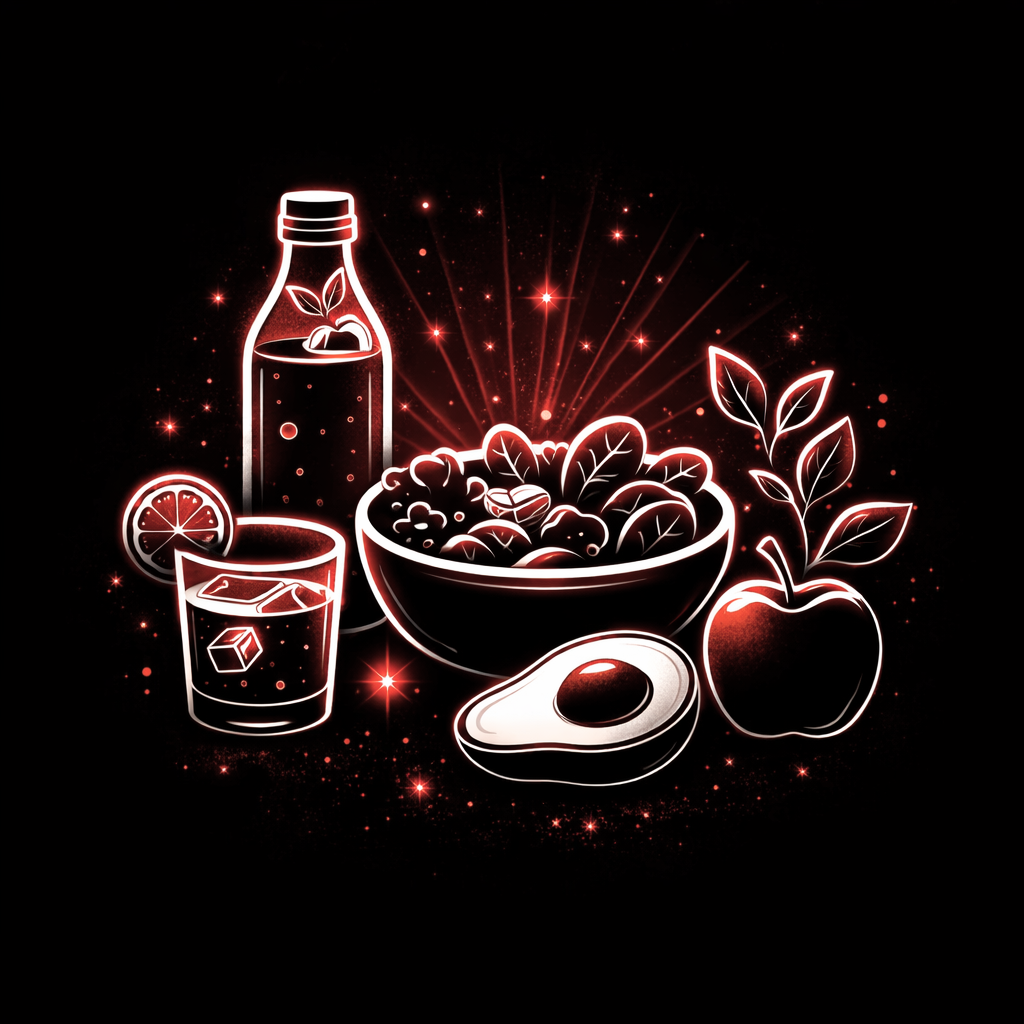 Illustration lumineuse d'une bouteille, un verre de boisson, une salade, une pomme, un avocat, un jus avec une tranche de citron, tous entourés d'effets lumineux rouge et blanc sur fond noir.