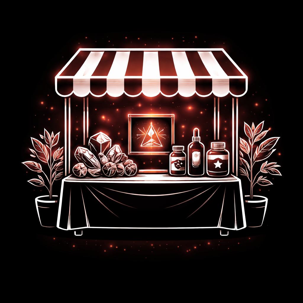 Une illustration numérique d'un étal de marché avec des bouteilles, des pierres, des plantes en pots, et un panneau lumineux, entouré d'un cadre lumineux brillant sur un fond noir.