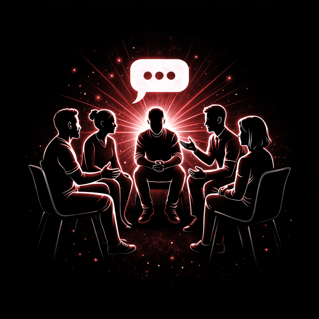 Groupe de cinq personnes en discussion, assis en cercle avec une bulle de dialogue au-dessus, sur un fond noir avec des effets lumineux rouges et des étincelles.