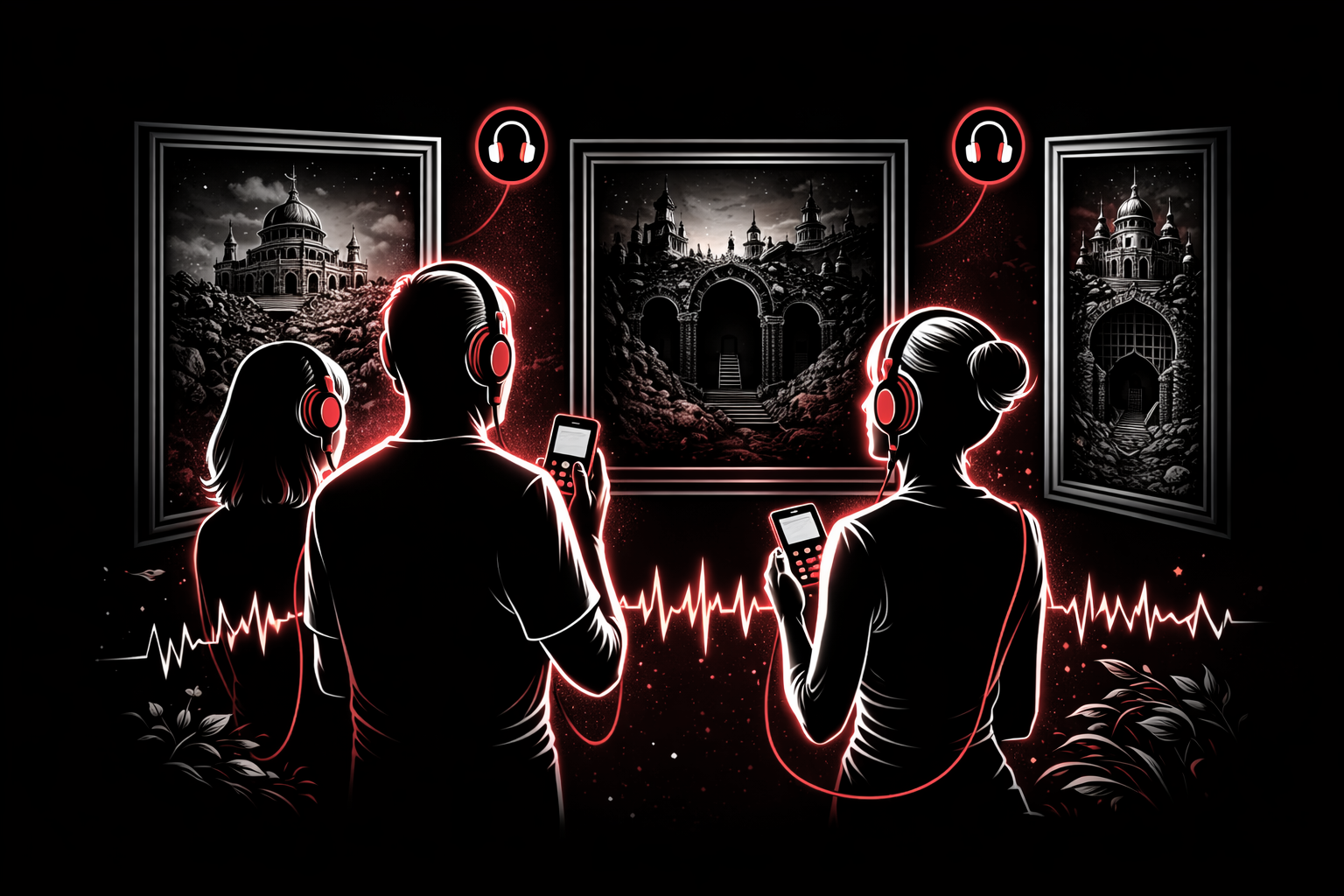 Illustration en noir et rouge de trois personnes portant des écouteurs, regardant des tableaux dans une galerie d'art, tout en utilisant leur téléphone, avec des casques d'écoute imprimés en rouge au-dessus d'eux.