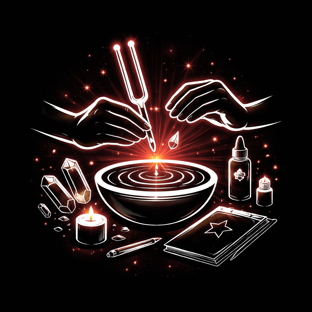 Illustration en néon de deux mains préparant une potion ou un rituel magique, avec des ingrédients et des objets mystiques comme une bougie, des cristaux, une fiole, un livre de sorts, un crayon et des symboles mystérieux, dans un fond noir avec des étincelles rouges.