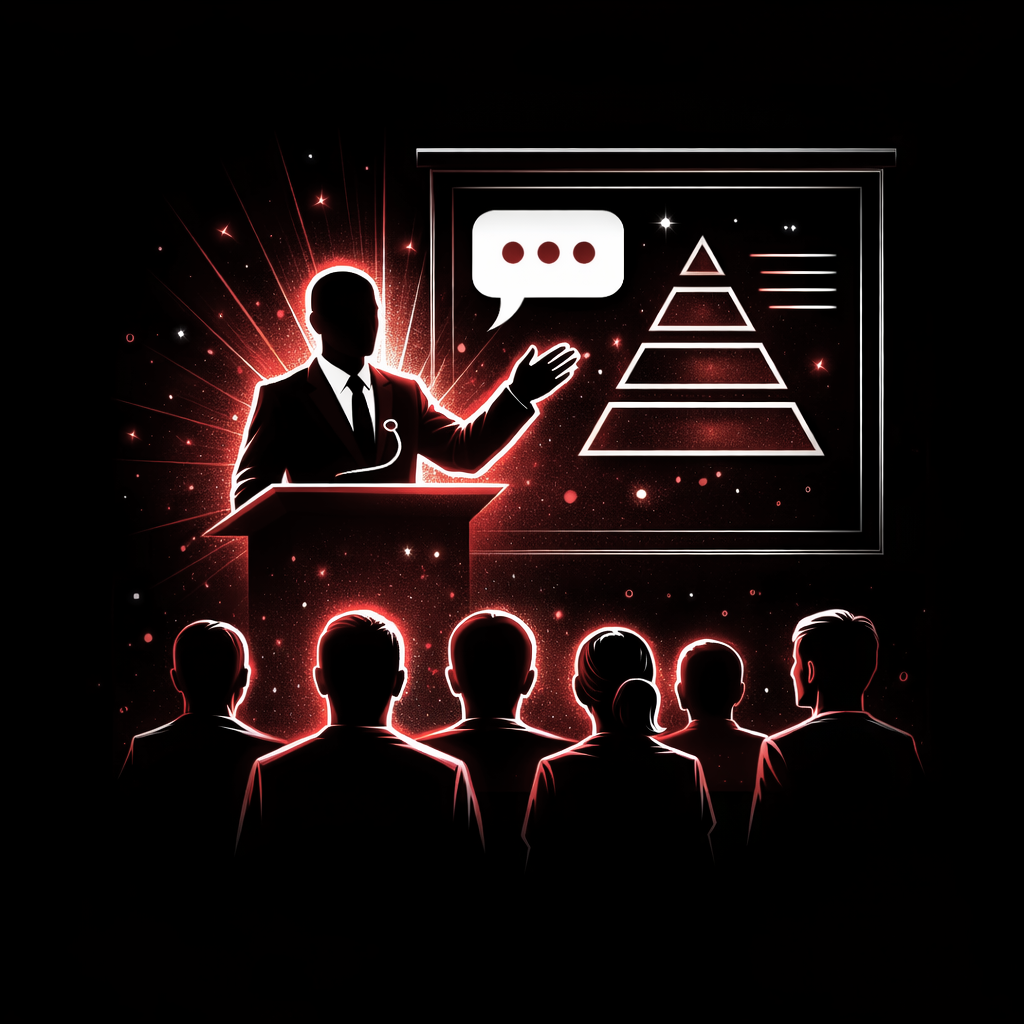 Une silhouette d'homme en costume donnant une présentation à un groupe, avec une pyramide de diapositives et une bulle de conversation à l'écran, dans une ambiance futuriste avec des effets lumineux rouges et étoilés.