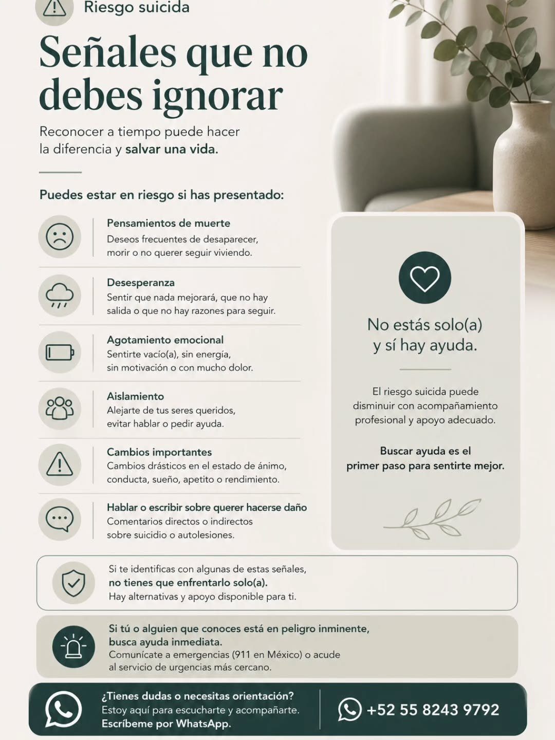 No siempre es evidente cu&aacute;ndo necesitas apoyo.
Pero hay se&ntilde;ales que vale la pena tomar en serio.

Si te sentiste identificado con alguna de ellas, no tienes que esperar a que todo empeore para hacer algo.
A veces, una conversaci&oacute;
