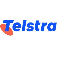 Telstra logo in blue with an orange arch over the letter T