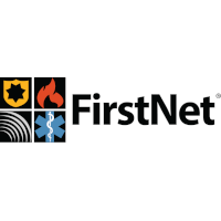 FirstNet logo featuring four icons: police badge, fire flame, radio waves, and medical cross, next to the brand name FirstNet.