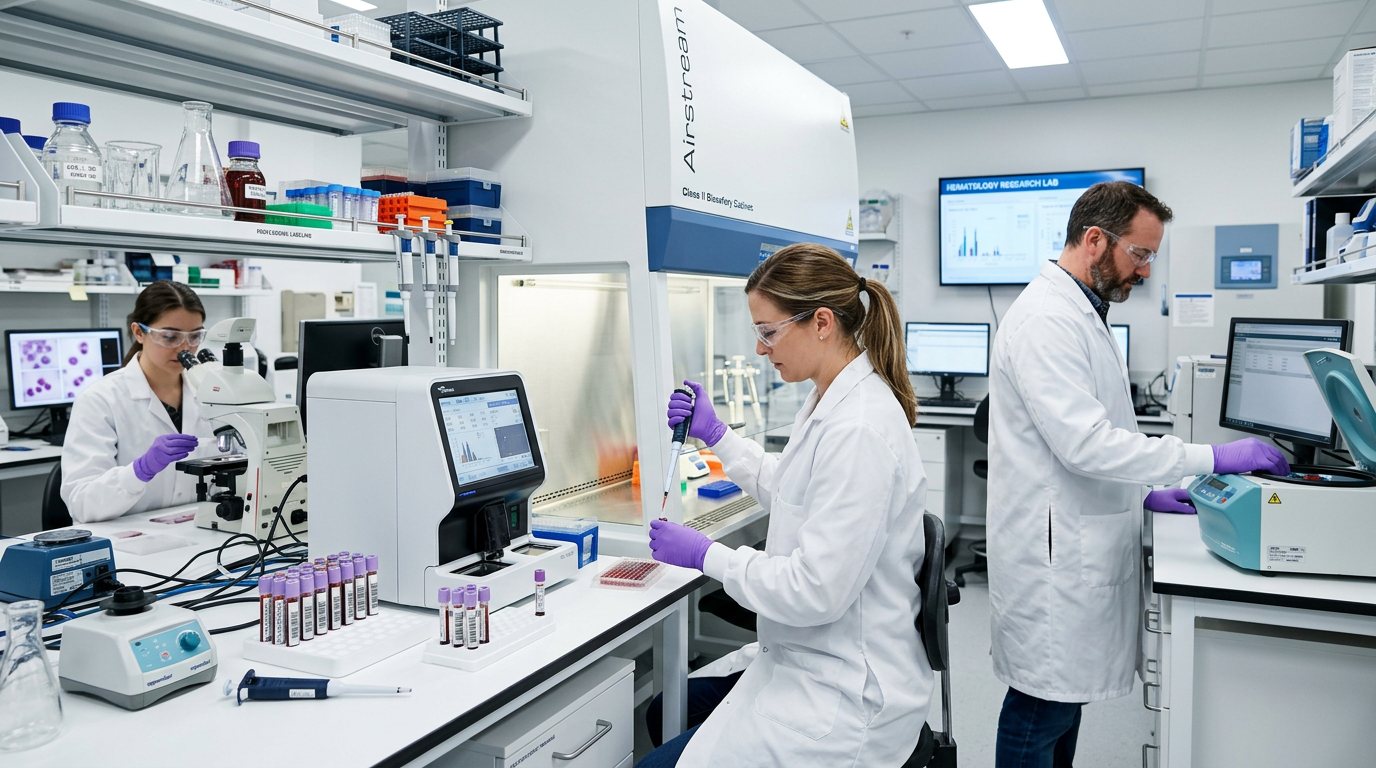 Researchers working in a laboratory with scientific equipment, test tubes, and computers.
