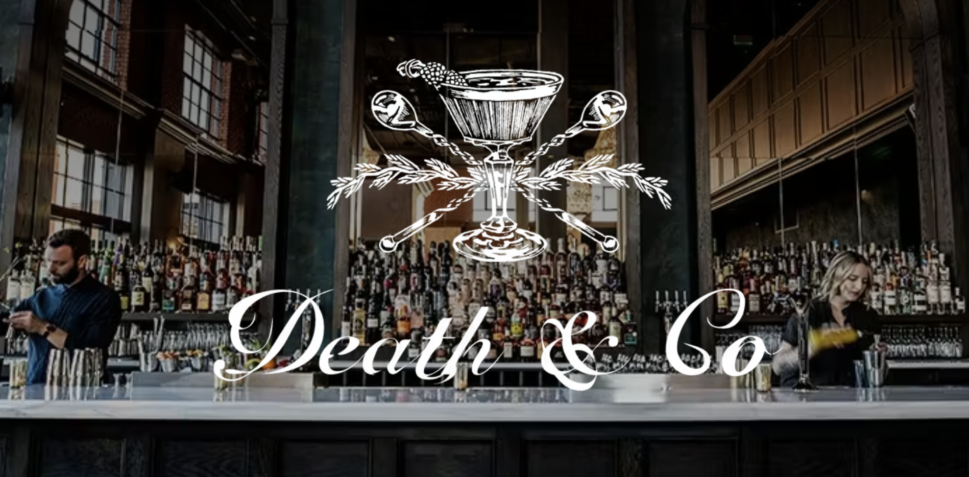 Bar scene with a large backlit bar, patrons, bottles of alcohol, a Death & Co logo with a cocktail glass, lemon twist, olives, and the name 'Death & Co' in elegant script.