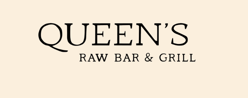 Sign for Queen's Raw Bar & Grill with black text on a beige background.