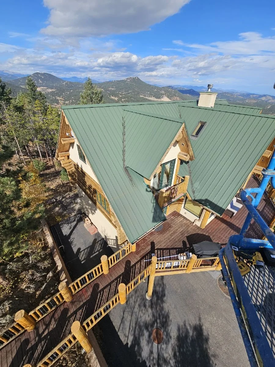 	
New metal roof installation and seamless gutter system on Colorado mountain home by Averra Exteriors