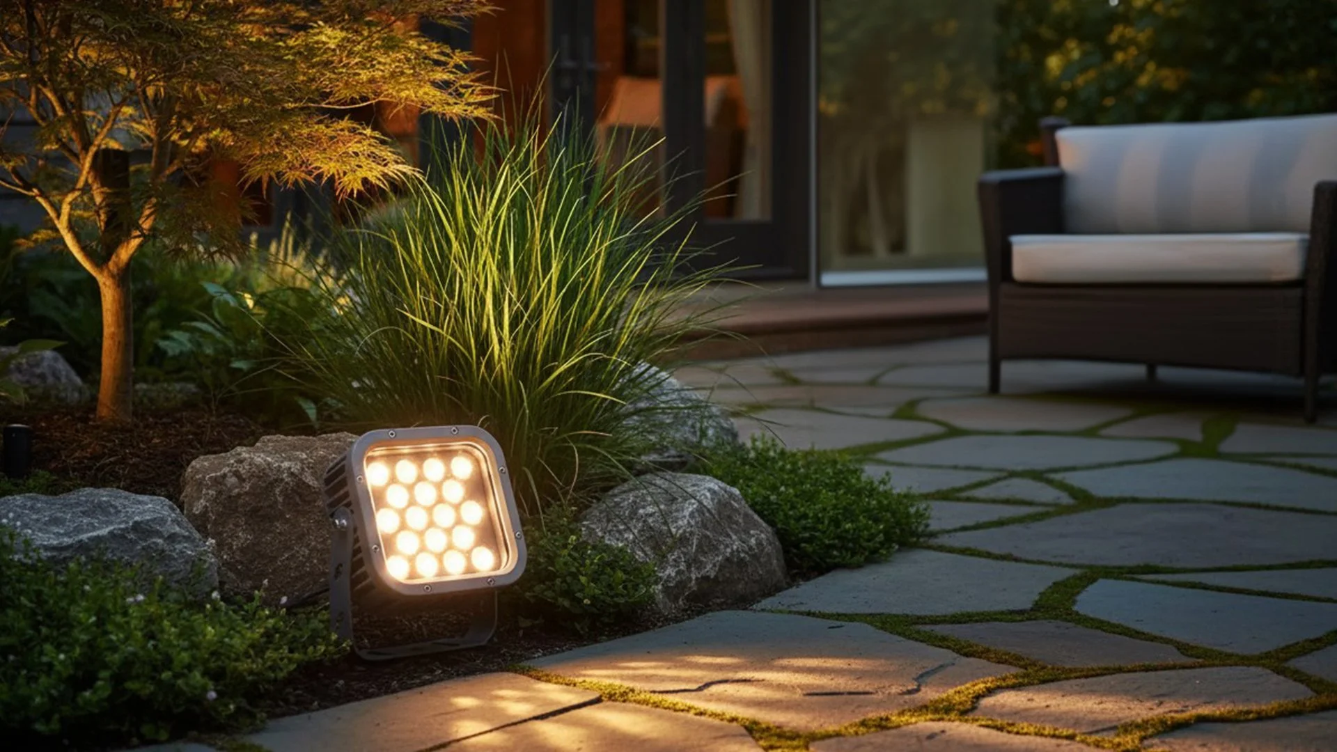 Outdoor yard with garden plants, large rocks, and stone pathway illuminated by a bright outdoor light, seen next to a small tree and garden grass near a house patio with outdoor furniture.