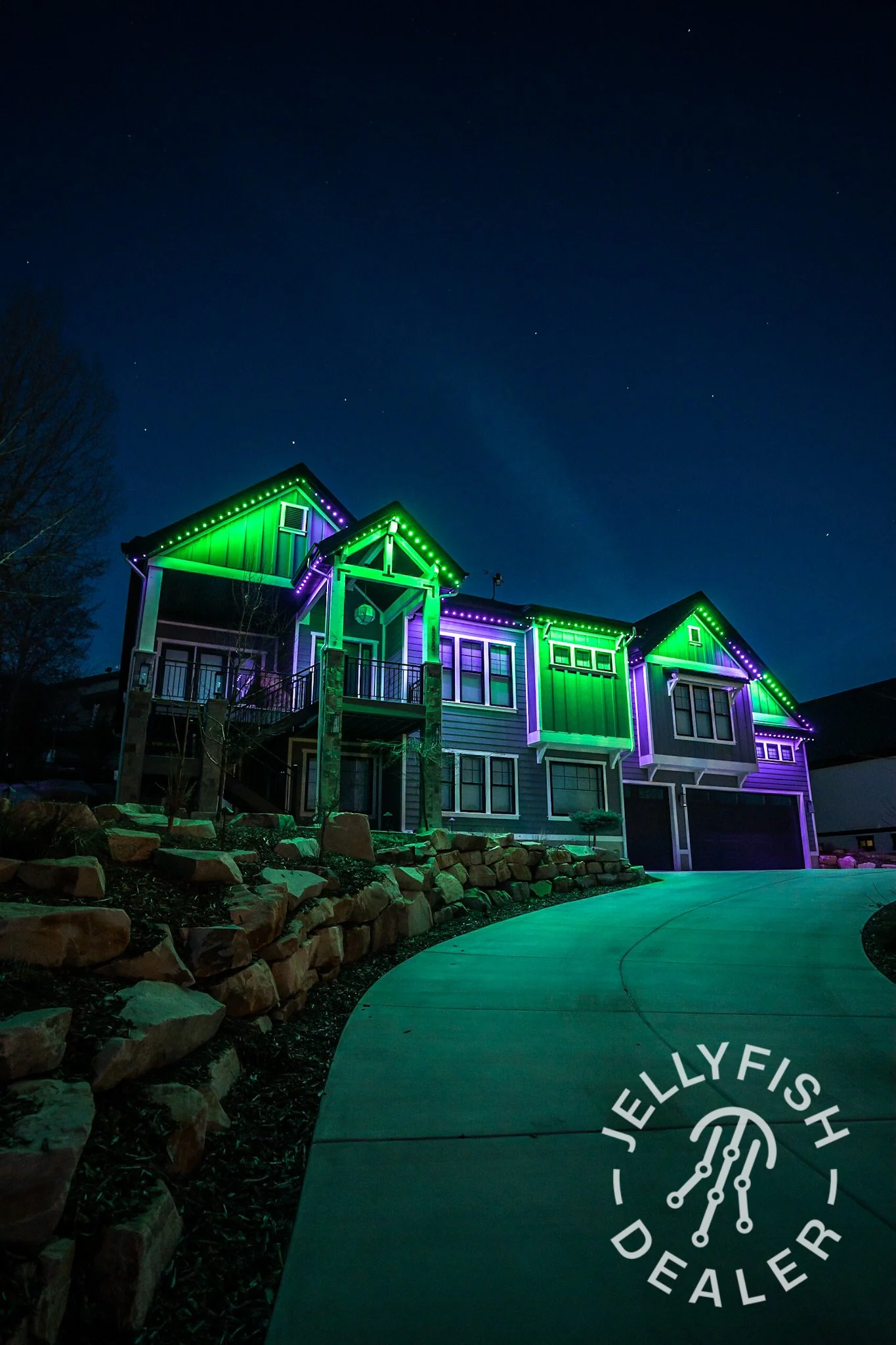 Permanent lighting, JellyFish and WATTS , illuminated by LED lighting along the edges of the roof, soffits and walls in the Denver Colorado area