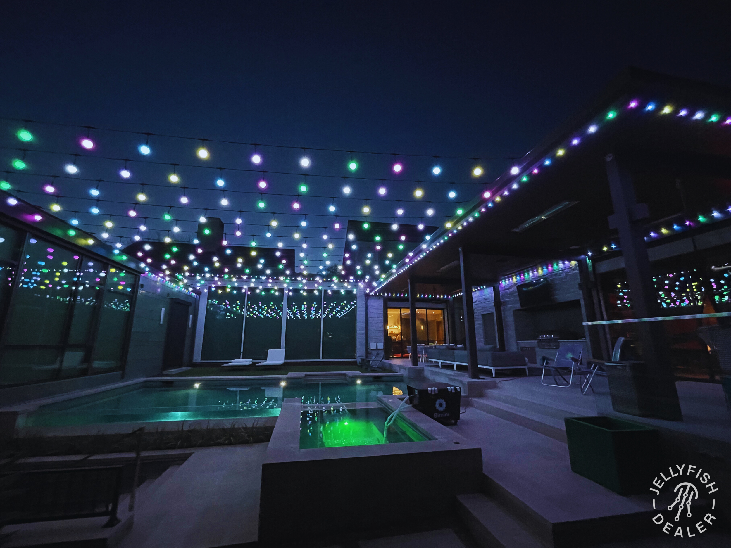 Permanent lighting, JellyFish and WATTS , illuminated by LED lighting along the edges of the roof, soffits and walls in the Denver Colorado area
