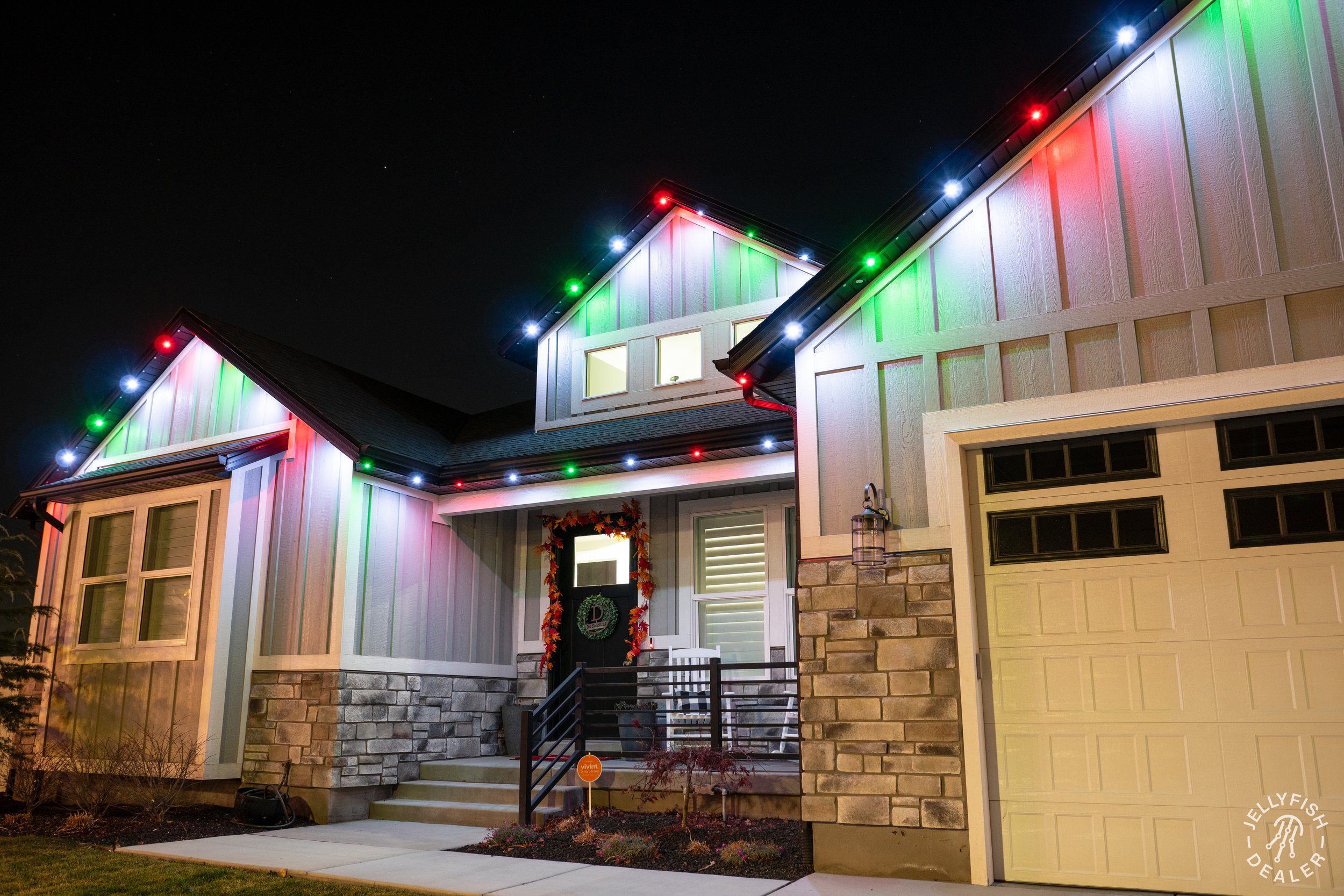 Permanent lighting, JellyFish and WATTS , illuminated by LED lighting along the edges of the roof, soffits and walls in the Denver Colorado area