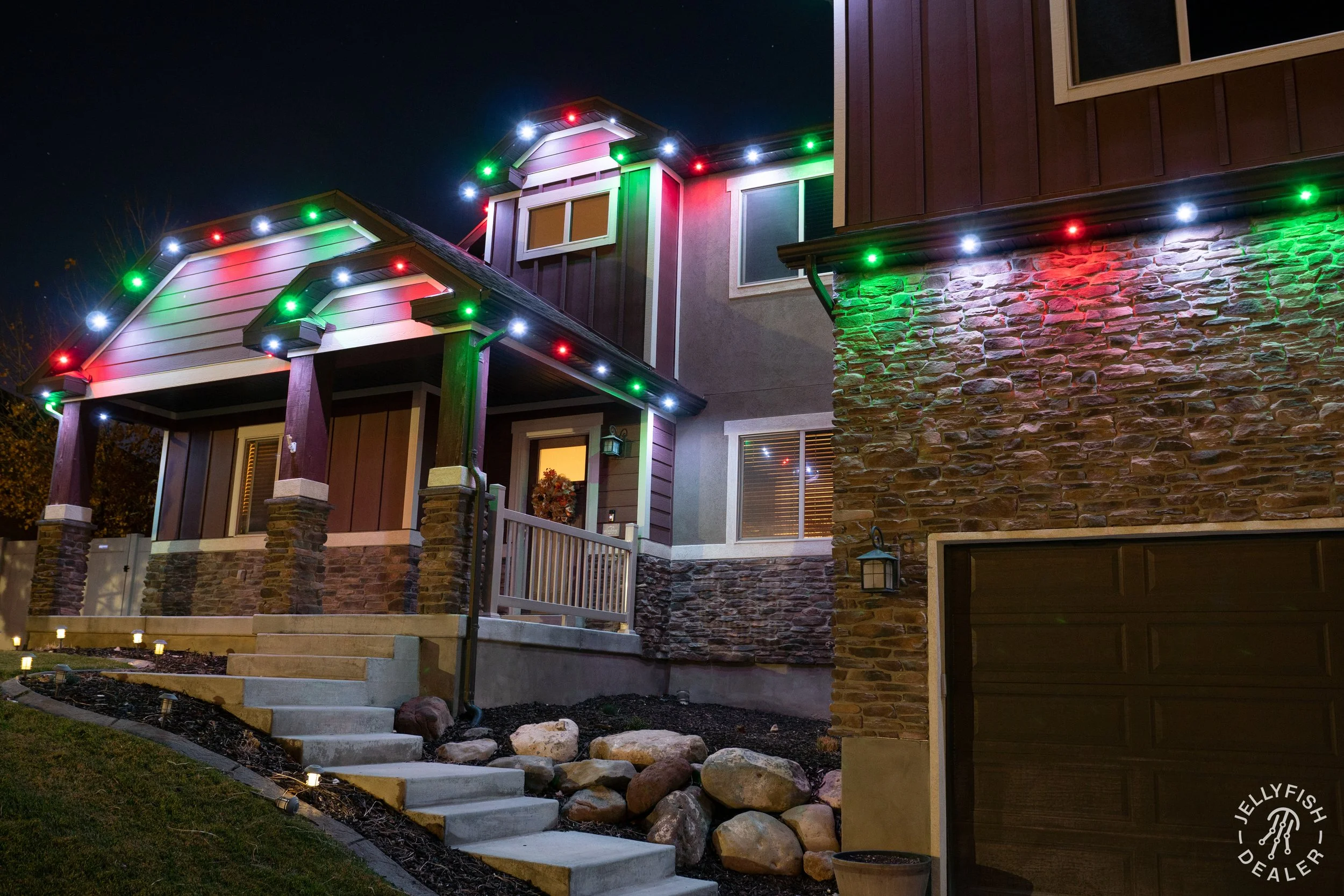 Permanent lighting, JellyFish and WATTS , illuminated by LED lighting along the edges of the roof, soffits and walls in the Denver Colorado area