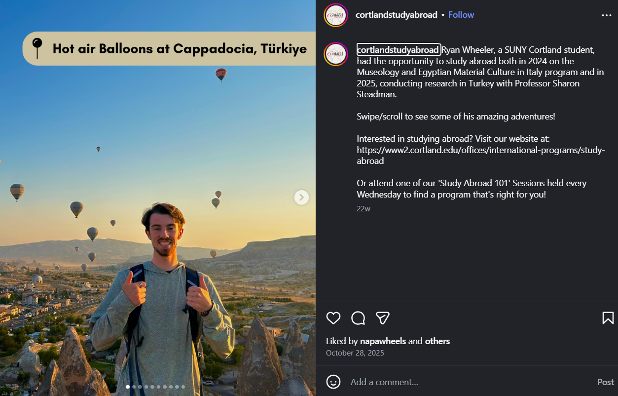 Student spotlight: designed post and wrote caption to showcase a student's study abroad experiences and inspire peers to explore international programs. 