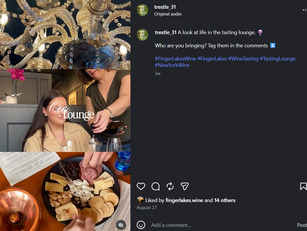 Tasting experience: developed a short-form reel and messaging to showcase the tasting lounge and encourage audience engagement.