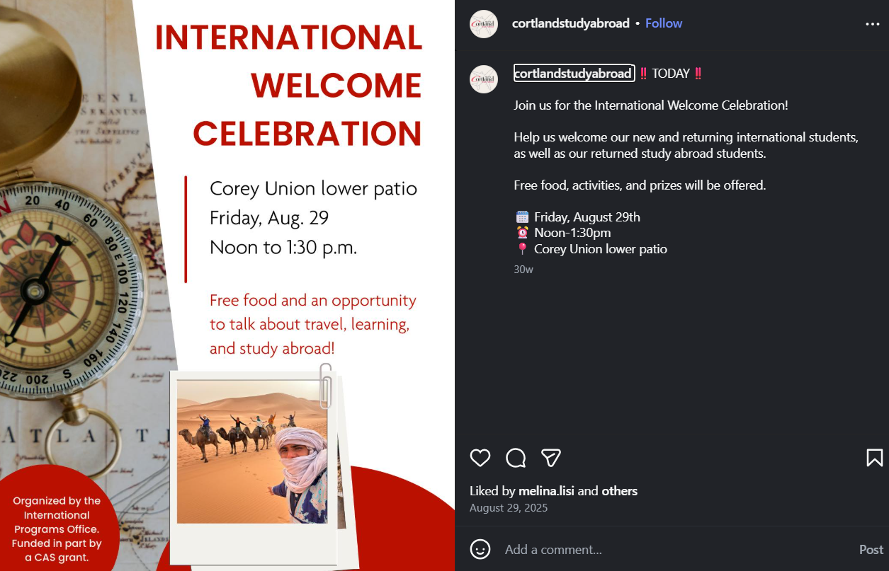 Event promotion: created visual and wrote caption to highlight the International Welcome Celebration and encourage community engagement. 