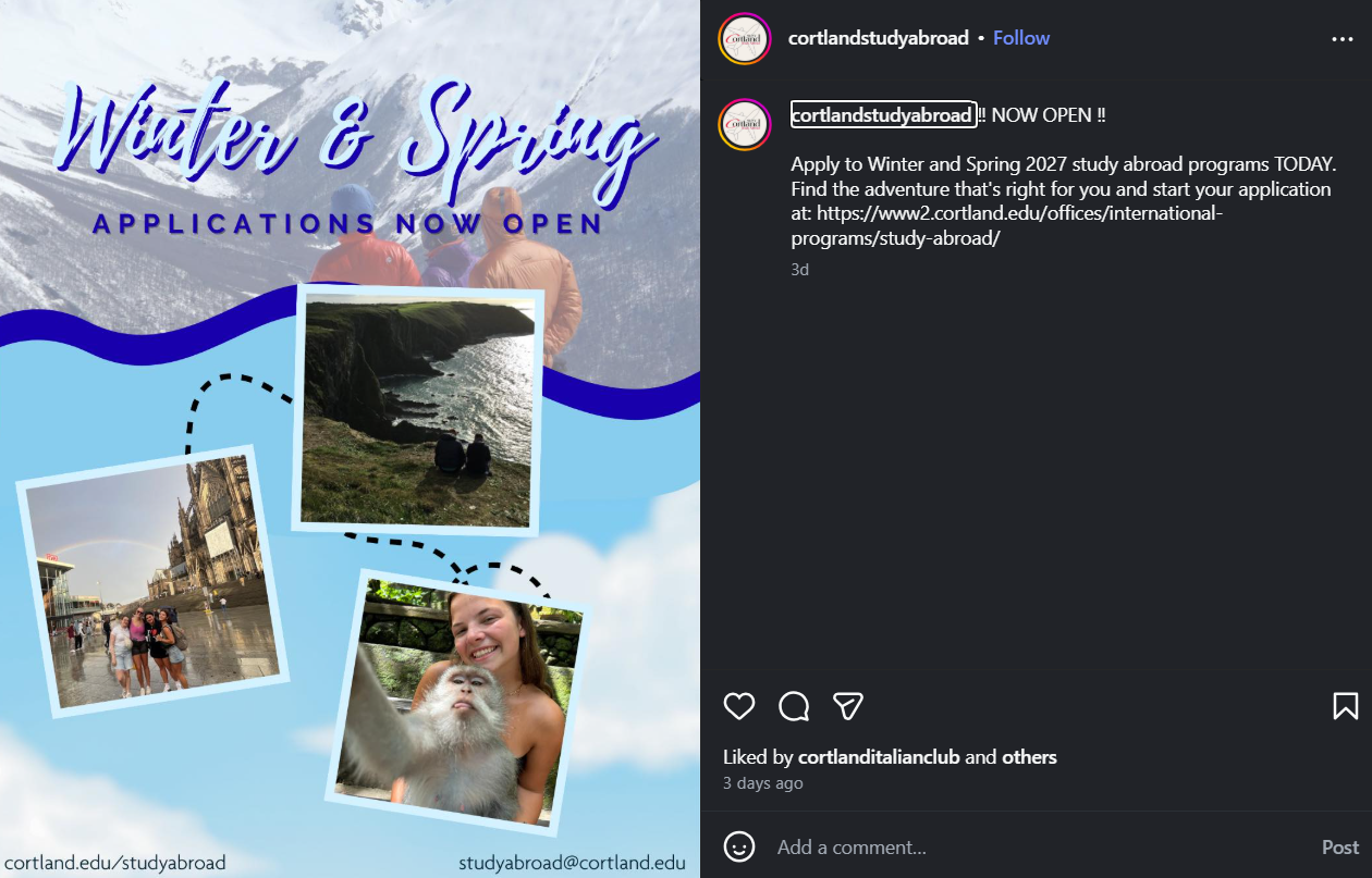 Application announcement: designed graphic and wrote caption to inform students about upcoming winter and spring program applications and encourage submissions. 