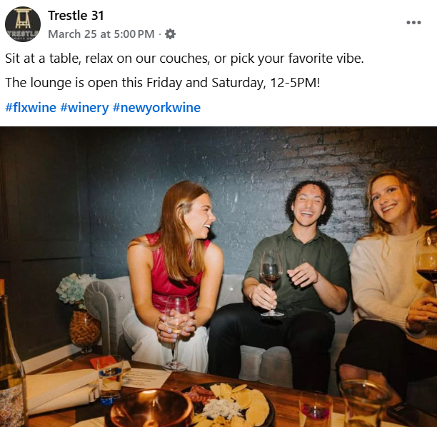 Tasting lounge promotion: caption planning, content writing and publishing to drive same-day visits and highlight the in-person experience. 