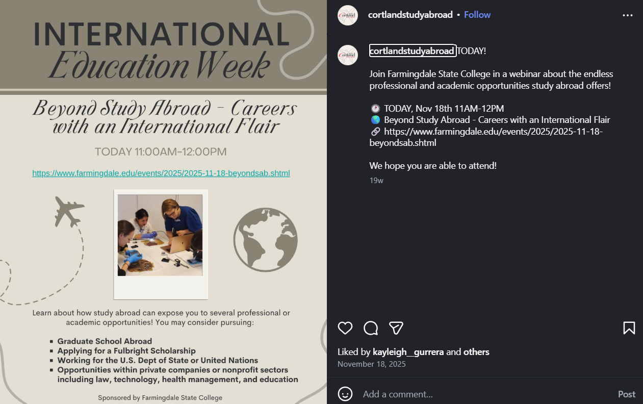 Event promotion: designed graphic and wrote caption to share details about a career-focused event and attract student attendance.