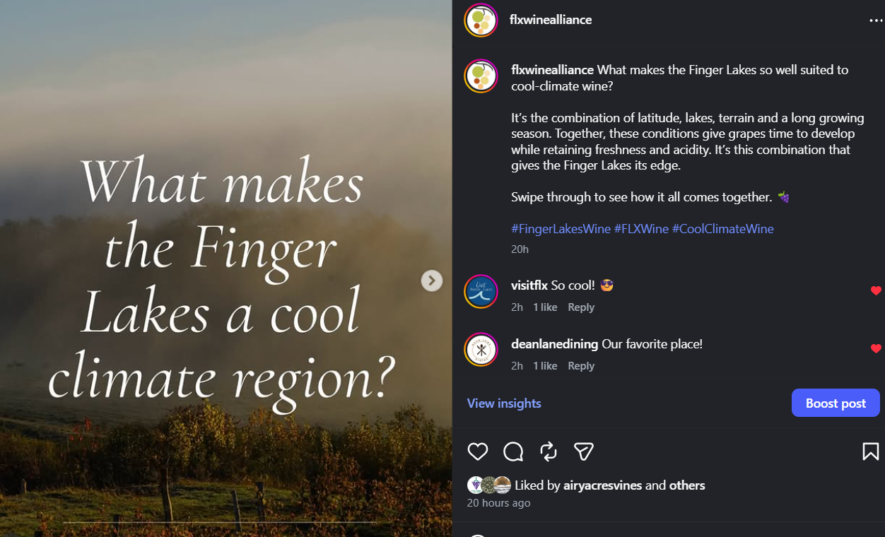 Educational content: developed a carousel to explain the Finger Lakes’ cool-climate characteristics and their influence on the region’s wines.