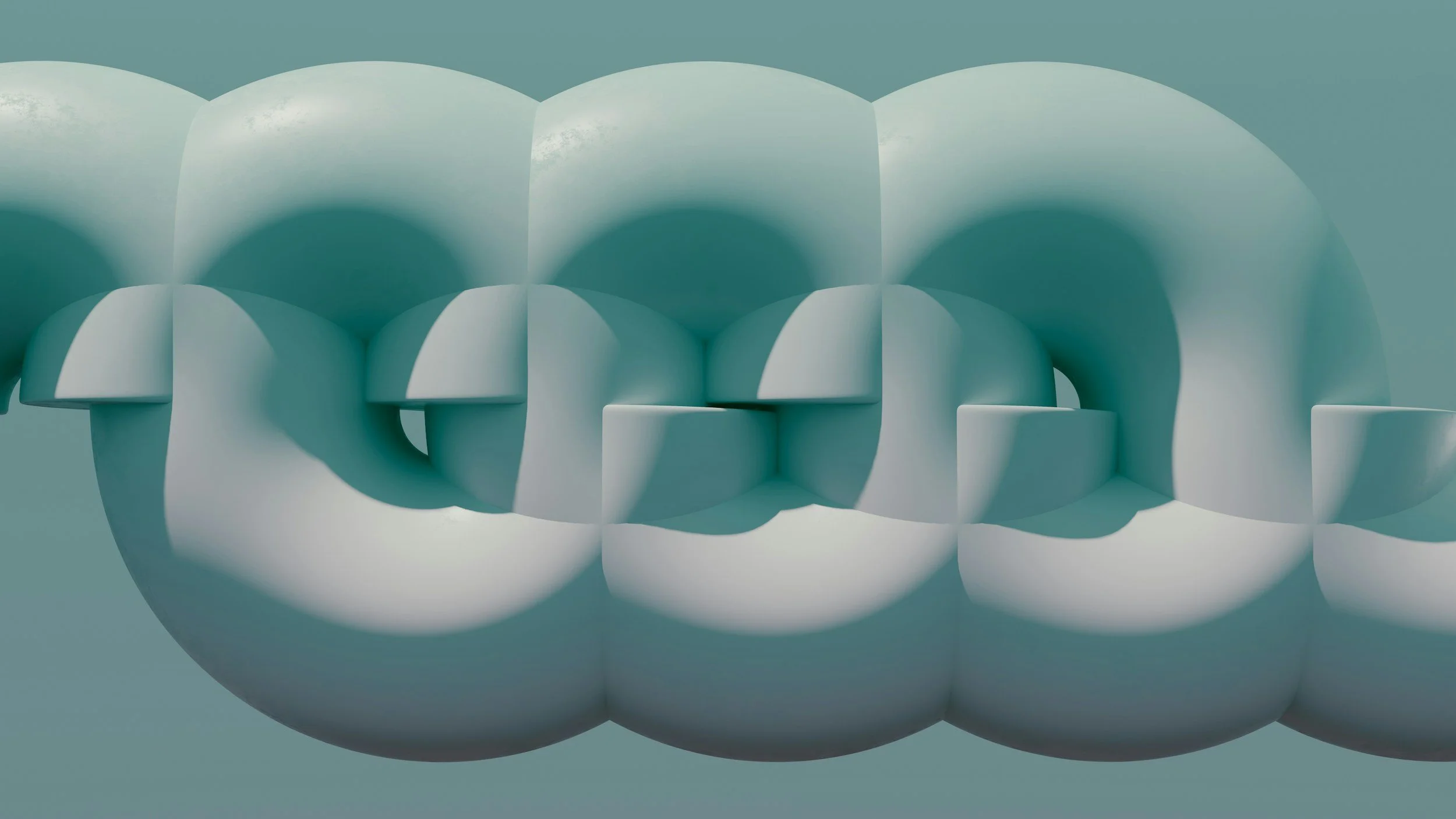 Abstract 3D digital art with interconnected white and teal rounded shapes forming a symmetrical pattern.
