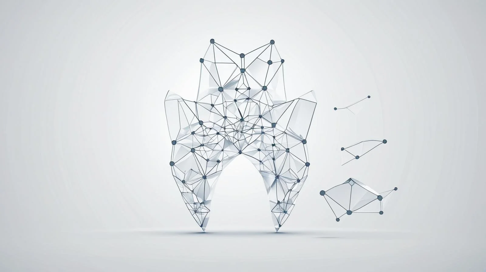 Digital illustration of a tooth constructed from interconnected lines and dots, with additional geometric shapes floating nearby, representing dental or dental technology concepts.