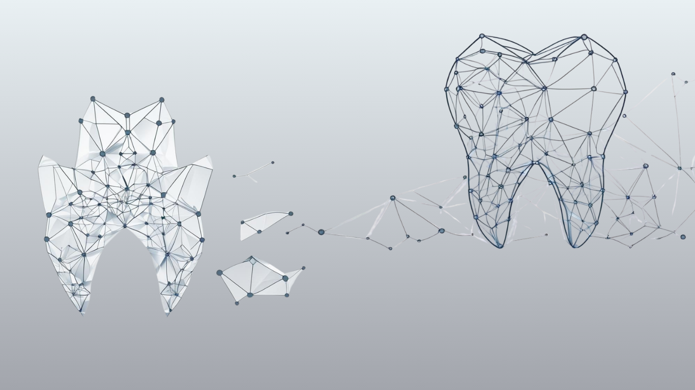 Digital illustration of a molar tooth connected to a tooth with geometric lines and dots.