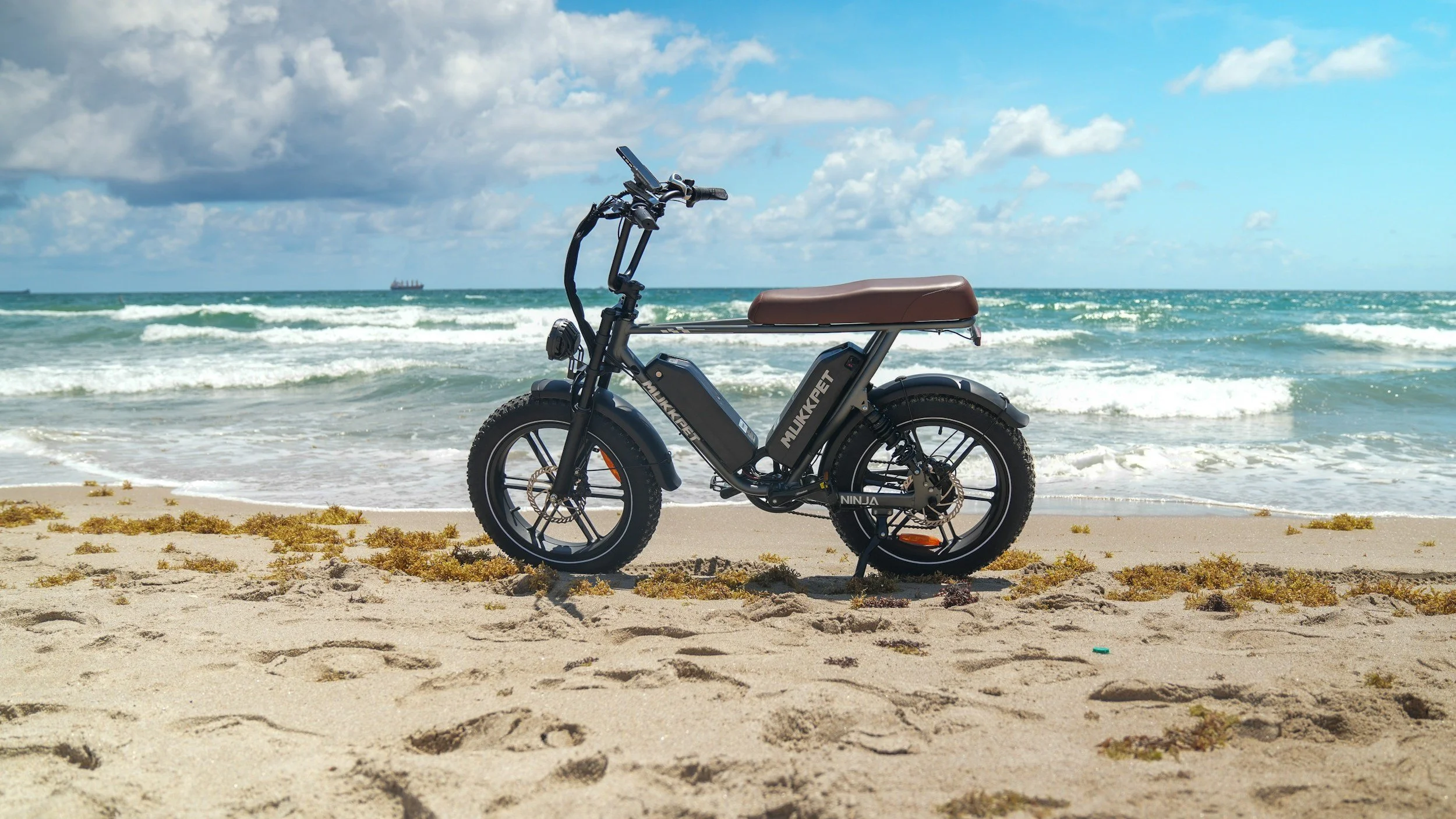 An electric bike parked on the sandy beach near the shoreline with the ocean and cloudy sky in the background.