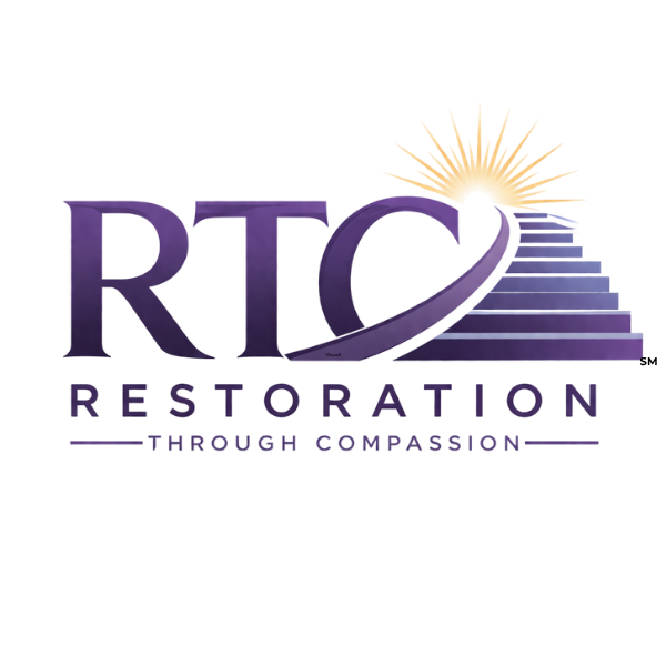 Logo for RTC Restoration with a stylized stairway leading to a rising sun and the words "Restoration" and "Through Compassion."
