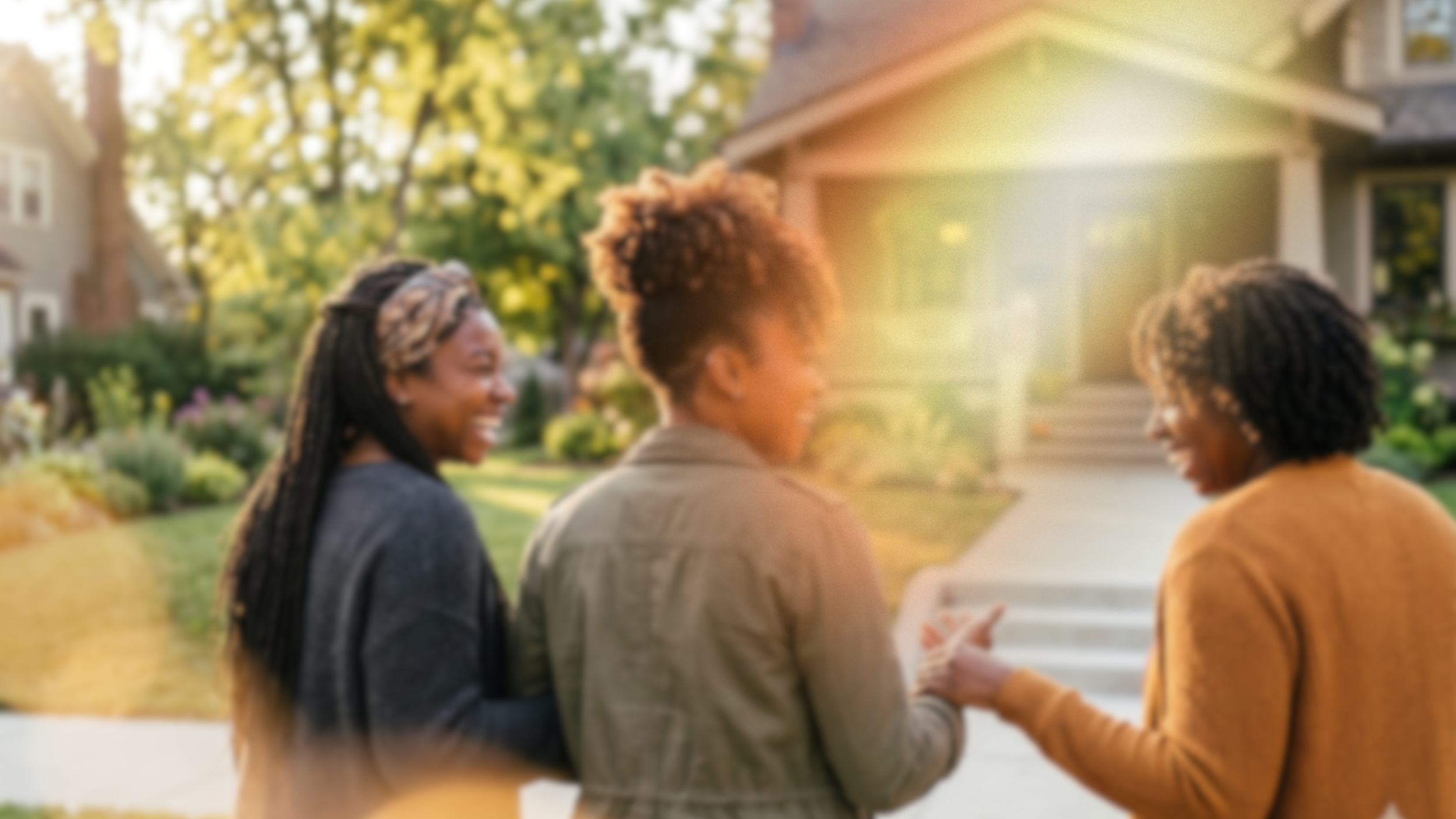 Three women talking and smiling in front of a house with trees and plants, sunlight shining on them.