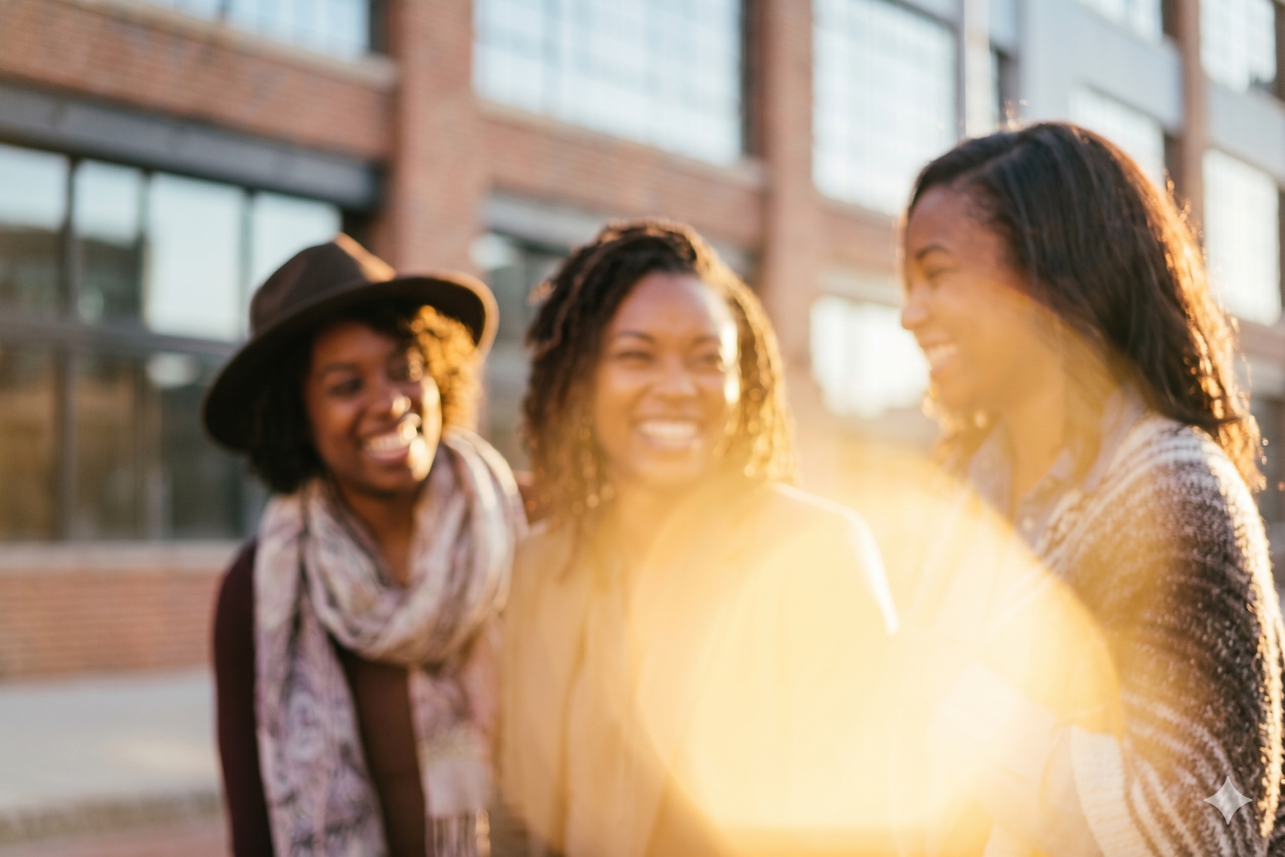 Three women smiling and laughing outdoors during sunset with a building in the background.
