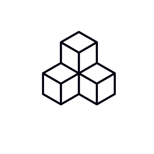 Outline of three interconnected cubes arranged in a triangular formation.