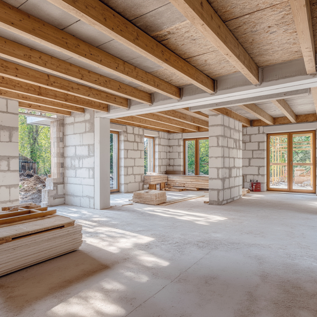 Interior of a house under construction with exposed wooden ceiling beams, unfinished concrete block walls, and large windows.