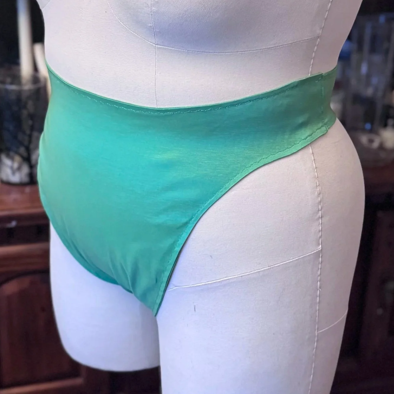 Detail view of bespoke burlesque panty front with high waist and embroidery details.