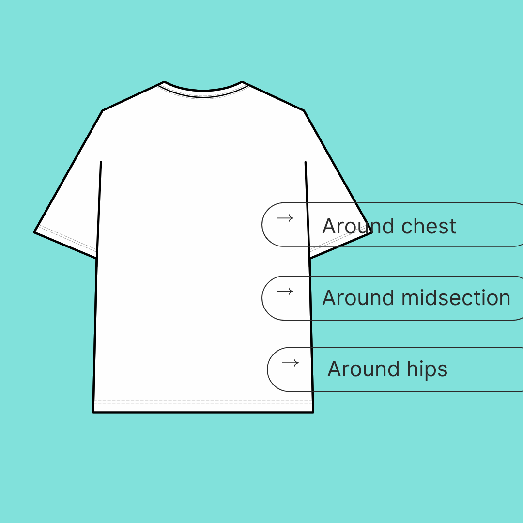 Illustration of a T-shirt with measurements labeled around the chest, midsection, and hips.