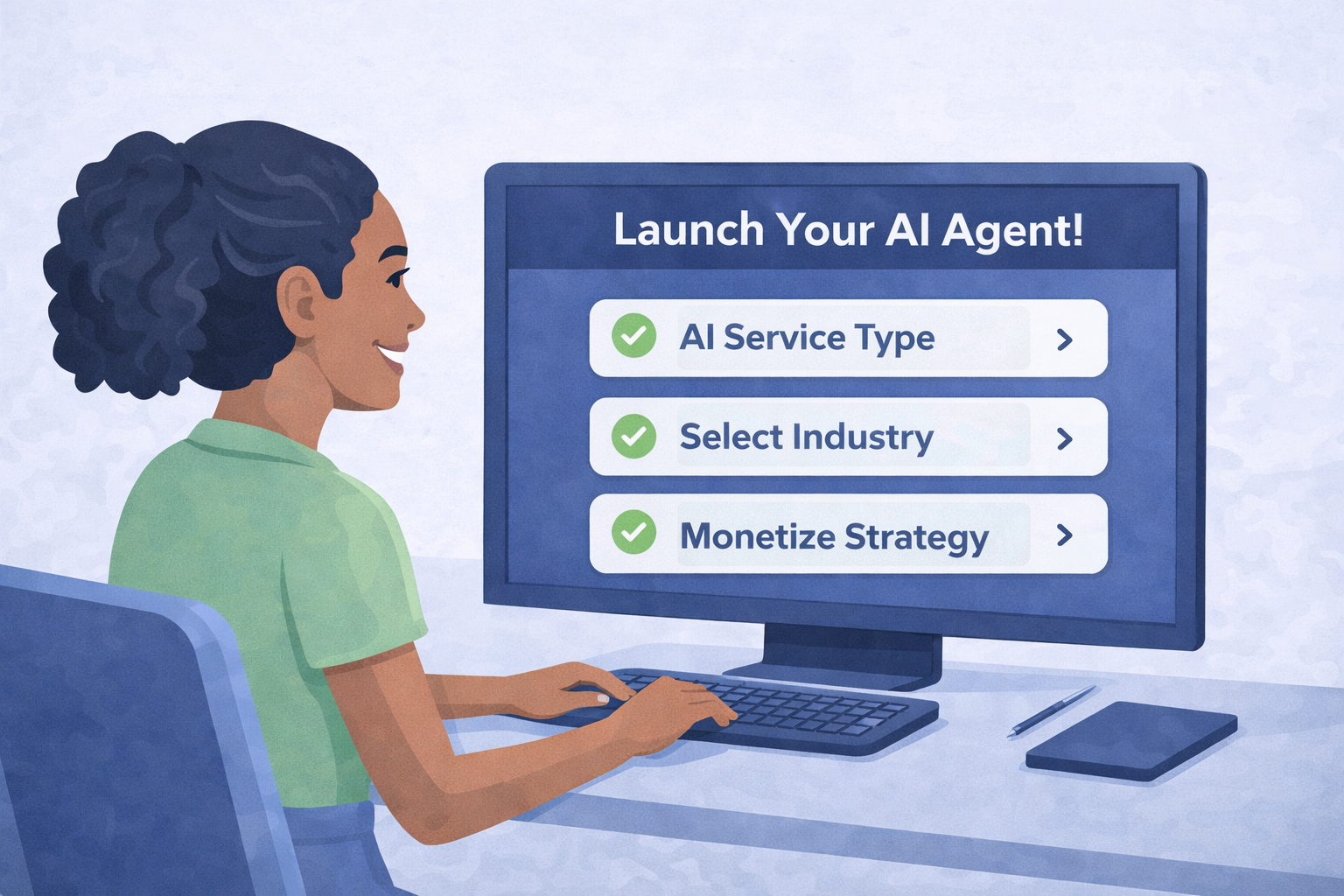 A woman sitting at a desk, using a computer to launch an AI agent, with a screen displaying options for AI service type, industry, and monetization strategy.