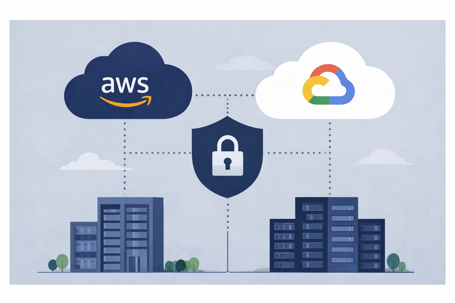 Illustration showing cloud services from AWS and Google cloud connected to buildings with a central security shield.