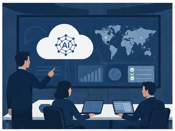 Business professionals in a conference room with digital screens displaying a cloud AI icon, world map, and data charts.
