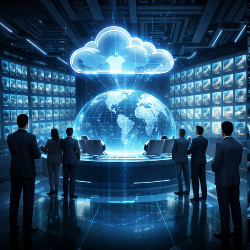 Business professionals in a dark conference room with a holographic globe and cloud technology visuals overhead.
