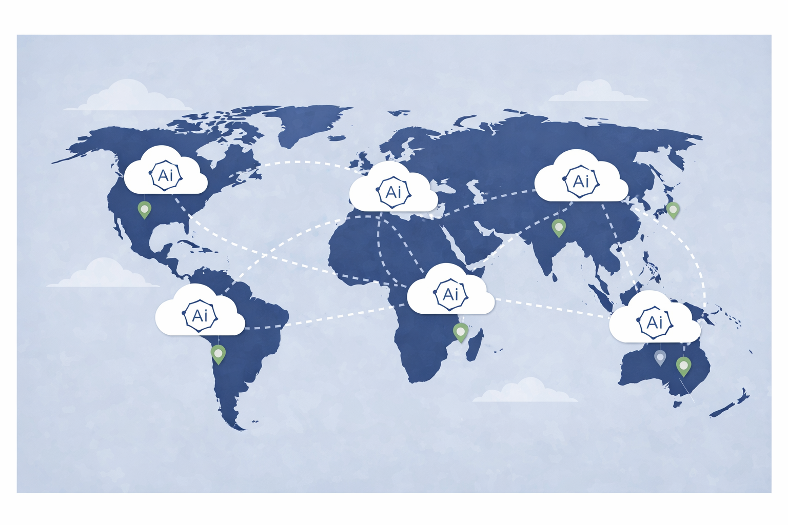 World map with cloud icons labeled 'AI' connected by dotted lines, and green location markers in North America, South America, Africa, Asia, and Australia.