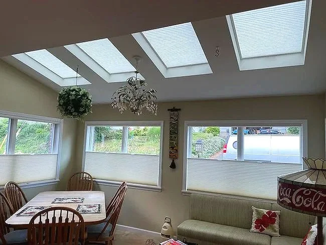 Bright living room with skylights, a chandelier, hanging plant, TV remote, sofa with red and white pillow, and windows with blinds