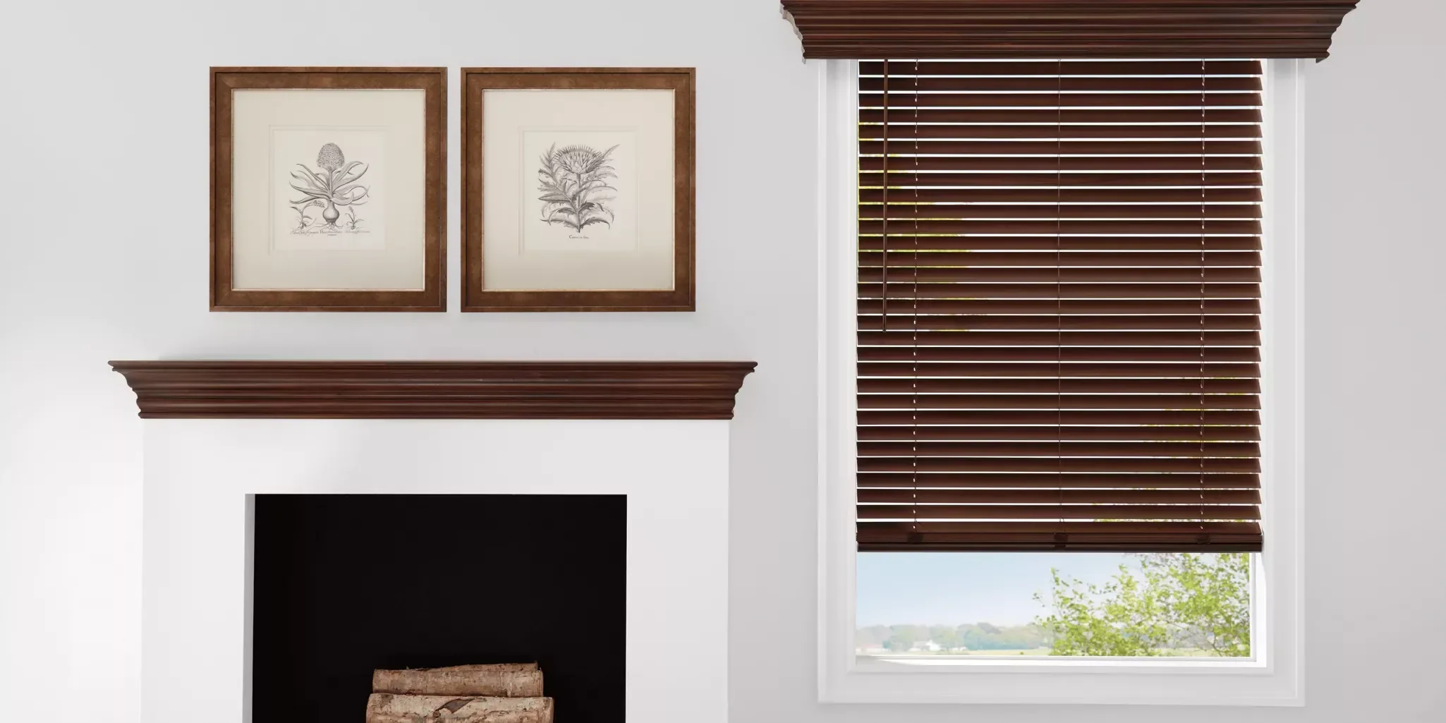Living room with a fireplace, two framed botanical prints above the mantel, and a window with closed brown wooden blinds.